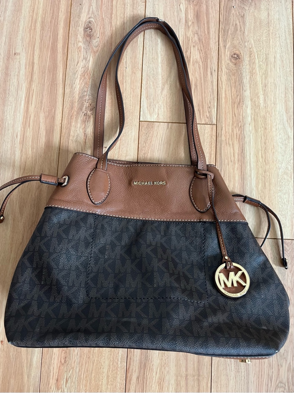 Michael Kors Brown & Dark Brown MK Drawstring Logo Tote